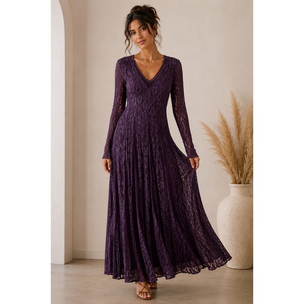 Nostalgia Victorian Purple Lace Crinkle Maxi Dress V-Neck Boho Goth L